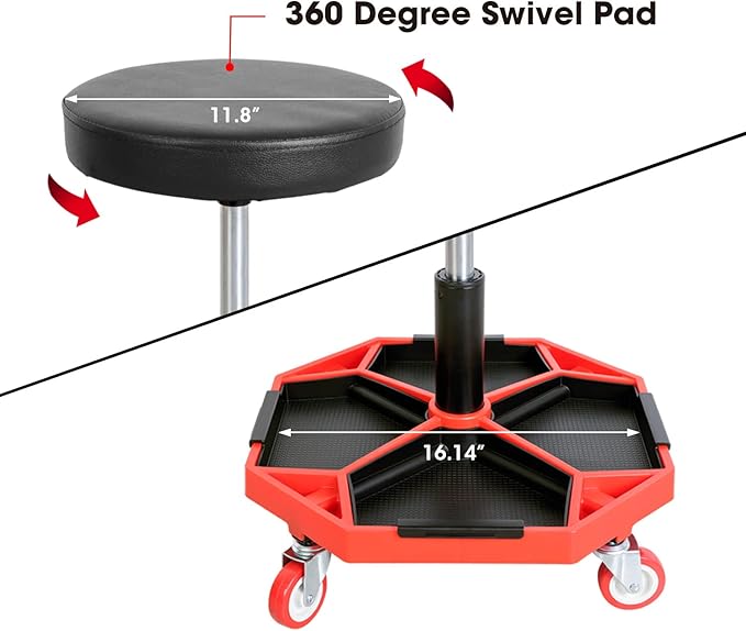 Torin ATRXF8308B Pneumatic Mechanic Stool/Rolling Shop Creeper Seat with Adjustable Height and 4 Removable Tool Trays, 300 lb Capacity, Black/Red