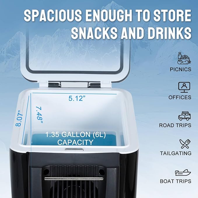 CAYNEL 12V 6 Quart Personal Thermoelectric, 6 Liter Capacity, Portable Electric Cooler Warmer with 12V DC, Small Fridge for Car, RV, and Camping Use