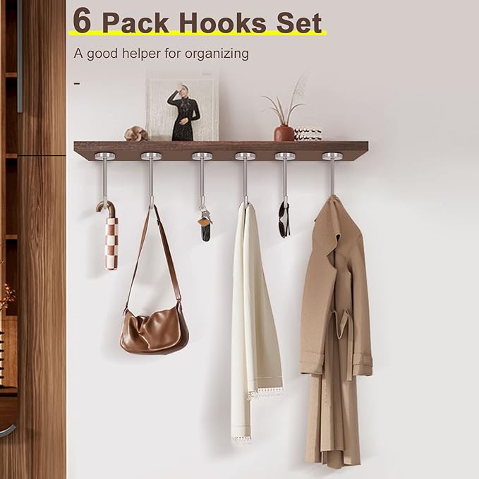 NearMoon Coat Hooks, Wall Hooks for Hanging Hat Hurse Robe, 304 Stainless Steel Heavy Duty Towel Hangers for Bathroom Livingroom Kitchen-Ceiling Hook, 6 Pack (4 Inch, Brushed Nickel)