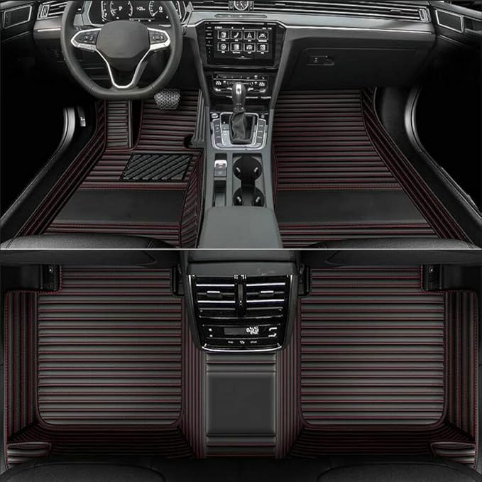 Car Floor Mats (Black Red Stripe, 3D) - Luxury Leather, Custom Fit for 99.9% Sedan SUV Sports, All-Weather, Waterproof, Non-Slip, Environmentally Friendly