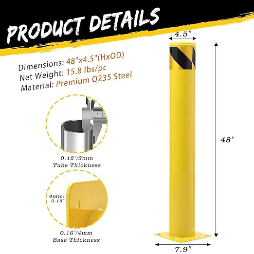 2 Pack Safety Bollard Post, 48 Inch Height 4.5 Inch Diameter Yellow Pipe Safety Steel Bollards with Anchor Bolts and Wrench, Steel Bollards for Road Warning Construction Traffic Control