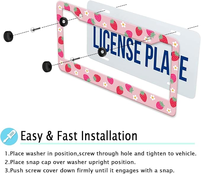 Cute Strawberry Printed License Plate Frame, Strawberry and Flowers Frames Holder Covers, Metal Aluminum Rustproof Car Accessories for Us Canada Standard Women Men 2 Holes with Screw Caps