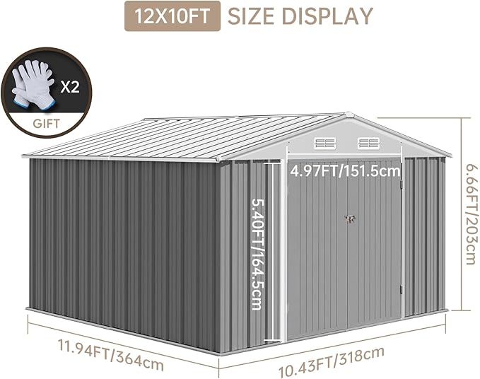 12x10 Ft Outdoor Storage Shed, Large Steel Multipurpose Yard Shed, Metal Outdoor Tool Shed with Sloped Roof and Door Lock Design for Organizing Tools & Equipment in Yard, Garden, Grey