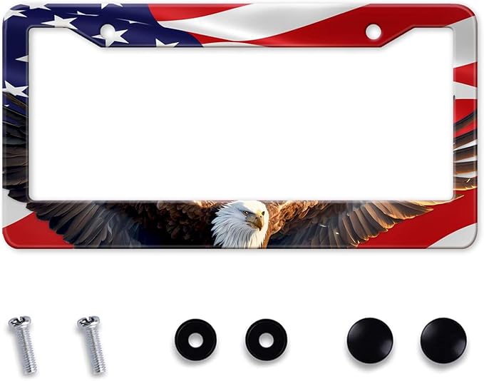 Eagle American Flag License Plate Frame, US Flag Car Tag Frame Holder Covers, Metal Aluminum Rustproof Car Accessories for Men Women 2 Holes with Screws