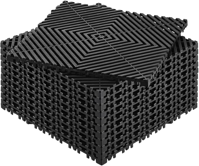 VEVOR Interlocking Drainage Mat, 12” x 12” Modular Interlocking Cushion, 12 Pcs Splicing Drainage Mats, Non-Slip Black PP Drainage Floor Tile and Shower Mat, for Garage, Garden, Kitchen & Outdoor