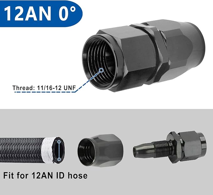 LokoCar 12AN Hose End Fitting 0 Degree Straight Swivel For CPE Braided Hose Black 2Pcs