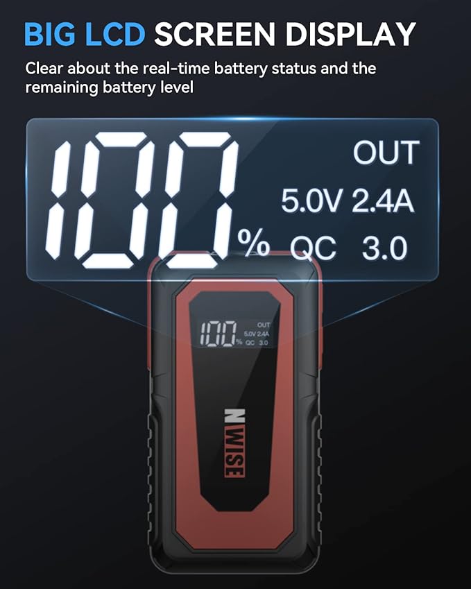 NWISE Car Jump Starter, 2000A Peak 20000mAh Portable Battery Pack with Smart Safety Jumper Clamps,12V Jump Boxes with LCD Display, LED Light, USB Ports