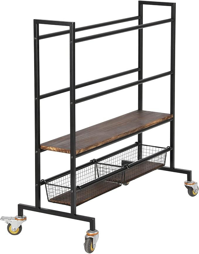 MyGift Sports Ball Organizer for Garage with Wheels, 4 Tier Large Heavy Duty Basketball Holder Stand, Black Metal Sports Equipment Storage Rack with Burnt Solid Wood Shelf, and 2 Basket Training Equip