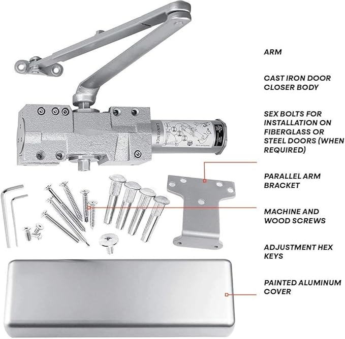Lawrence Extra Heavy Duty Door Closer Commercial Grade 1 - Adjustable 6-Speed Delayed-Action Door Control with 3 Pistons – Flexible Installation with Included Hardware - Embassy Series LH8016