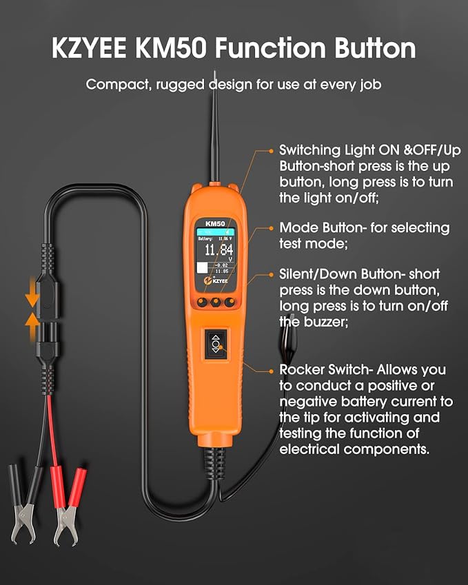 KZYEE KM50 (Upgrade of KM10) Power Circuit Probe Kit - 12V/24V Automotive Circuit Tester Current Probe with AC/DC Voltage/Resistance/Diode/Frequency/Duty Cycle/Fuel Injection, Activate Component