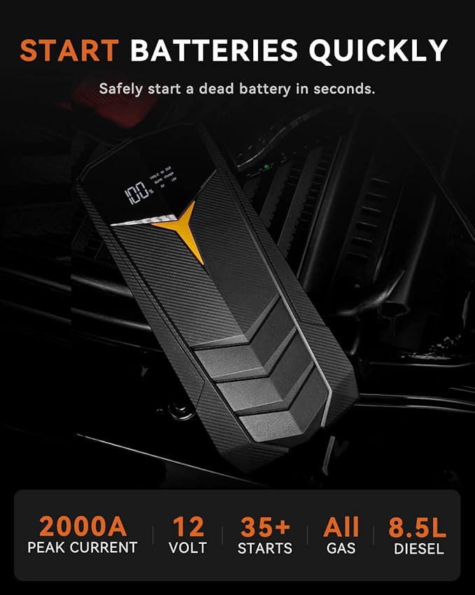 SUNPOW Lithium Jump Starter Battery Pack 2000A Peak 20000mAh (Up to All Gas and 8.5L Diesel),12V Battery Booster for Cars, Trucks, SUV, Portable Power Pack with LCD Screen & LED Light