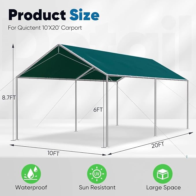 Quictent 10x20 ft Heavy Duty Car Canopy Galvanized Frame Carport Outdoor Party Tent Boat Shelter with 3 Reinforced Steel Cables - Green