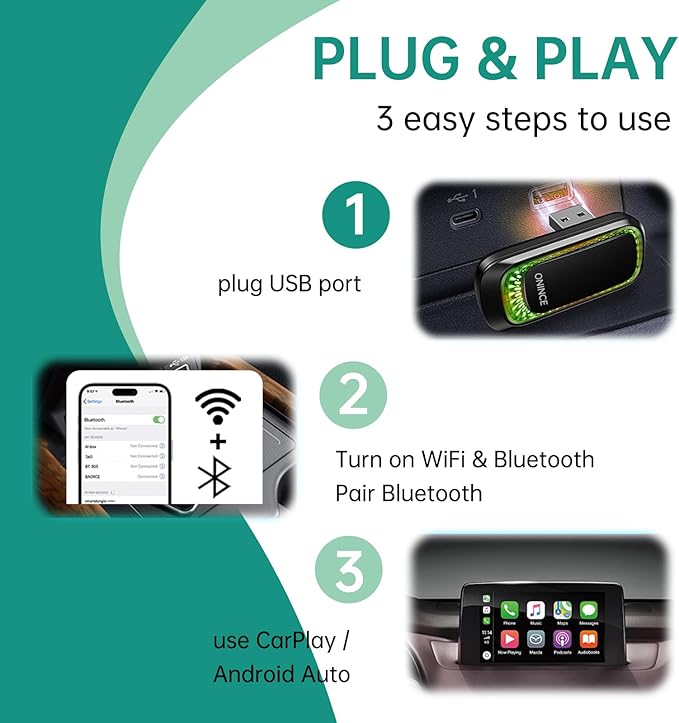 3-in-1 Wireless CarPlay Adapter for Apple CarPlay & Android Auto with RGB Ambient Lighting – Plug & Play - Small USB Dongle Works with Both iPhone and Android Phones, Model Z1 Style-T