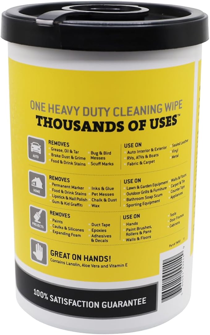 Tub O' Towels Heavy-Duty Multi-Surface Cleaning Wipes, 10" x 12", 90 Count Canister, Removes Grease, Grime, Tough Stains, Durable Disposable Wipes for Home, Garage, Outdoor Cleaning Tasks, 2-Pack