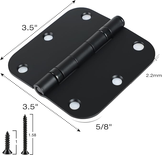 18 Pack Ball Bearing Round Matte Black Door Hinges 3.5 Inch 5/8" Radius Anti Squeak Interior 3-1/2"Flat Bifold Standard Bedroom Indoor for Doors 3 ½" Hardware Essentials House Home Decor Accessories