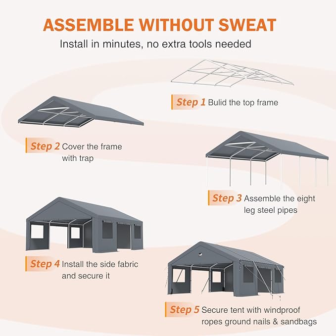 Carports 13X25 Heavy Duty,Portable Car Port Garage,Carport Canopy with Side Doors,Outdoor Car Shelter All Weather,Gray