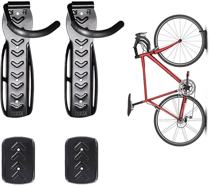 Dirza Bike Wall Mount Rack with Tire Tray - Vertical Bike Storage Rack for Indoor,Garage,Shed - Easy to install - Great for Hanging Road,Mountain or Hybrid Bikes - Screws Included - 2 Pack