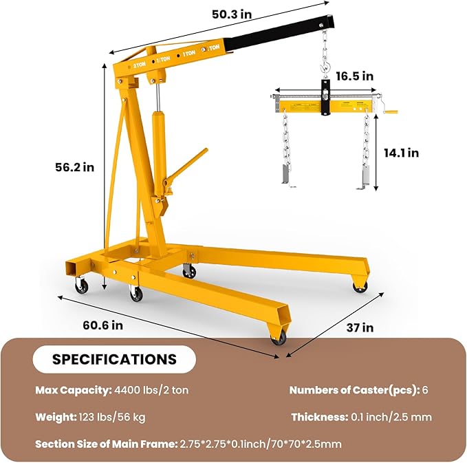 2 Ton Engine Hoist with Leveler 4409 LBS Folding Cherry Picker Engine Hoist, Heavy Duty Hydraulic Engine Crane with 8 Ton Hydraulic Pump and 6 Casters, Engine Hoist Lever for Engine Lifting Loading