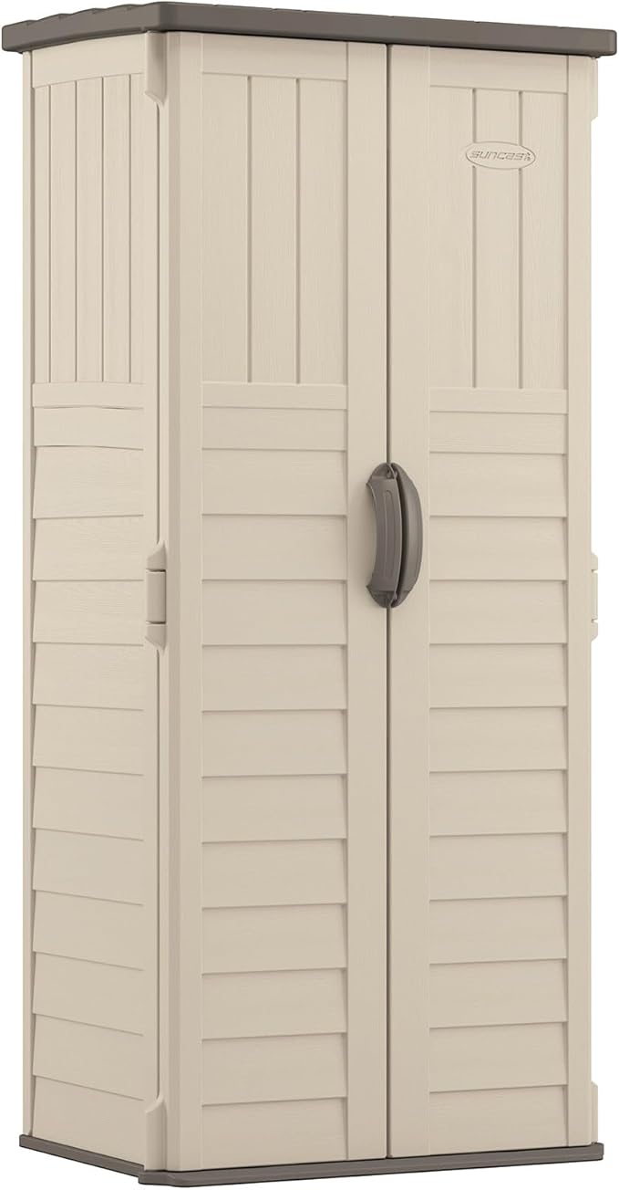 Suncast Vertical Outdoor Storage Shed with Reinforced Floor, Lockable Double Doors, All-Weather Construction, and Multi-Wall Panels, Vanilla, Made in the USA
