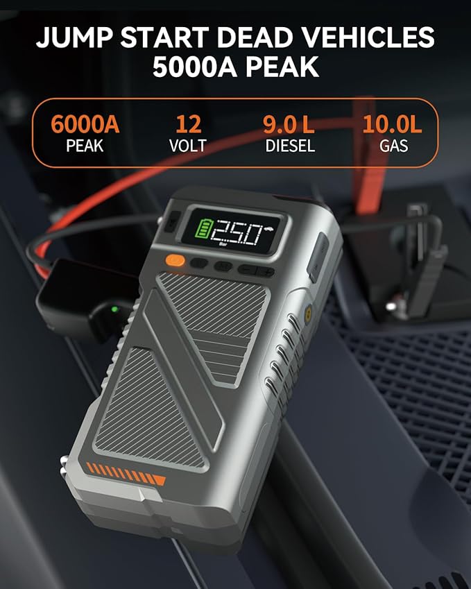 2025 Car Jump Starter with Air Compressor, Portable 6000A 150PSI Car Battery Jump Pack with Digital Tire Inflator for 10L Gas/9L Diesel,12V Power Jump Box