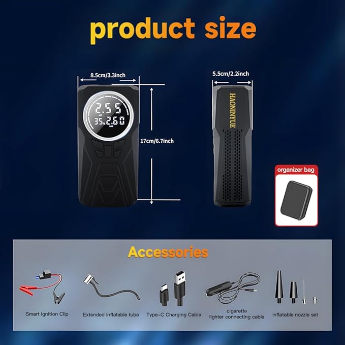 Car Jump Starter with Air Compressor, 3000A Car Emergency Starting Power Supply, 150PSI Tire Inflator Portable Compressor, Portable Tire Inflator for Cars, Pickup Trucks, Bicycles, etc.