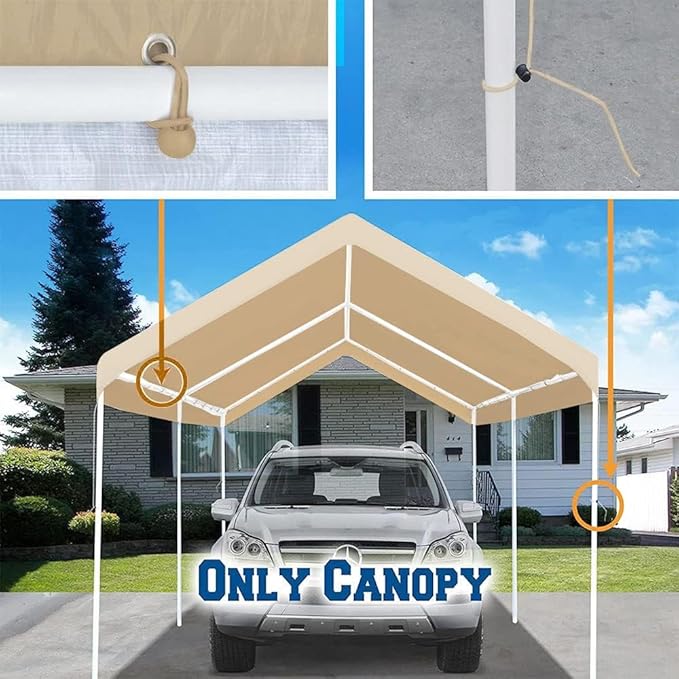 10'x20' Upgraded Carport Replacement Top Canopy Cover Beige for Car Garage Top Tarp Shelter Waterproof & UV Protected w/Ball Bungees (Only Top Cover, Frame is not Included)