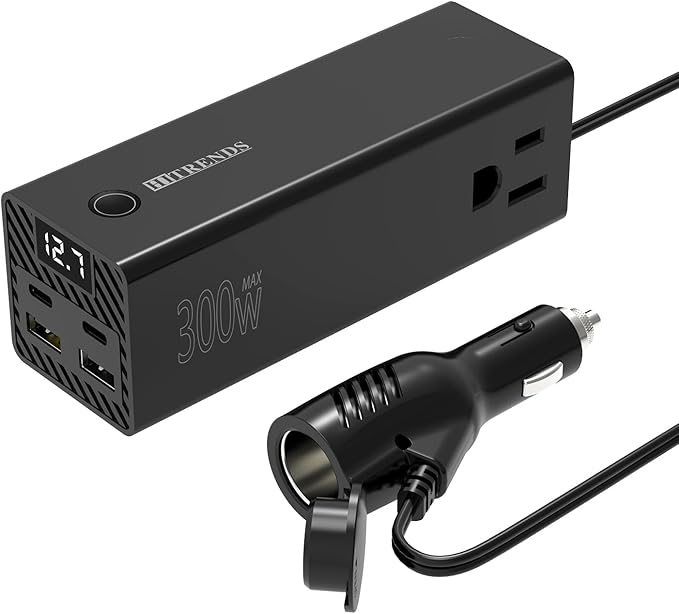 HITRENDS 300W Car Power Inverter Dual DC 12V to 110V AC Car Power inverters with PD 36W USB-C & 24W USB-A, Car Plug Converter with Switch and Current LCD Screen