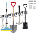 Mop Broom Holder Wall Mount Heavy Duty Adhesive Tools Organizer Rack Stainless Steel with 4 Positions 5 Hooks for Utility Room, Garage, Laundry, Garden, Kitchen, Bathroom, Toilet and Office