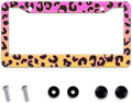 Gradient Color Leopard Print License Plate Frame Cheetah Print Tags Frames Holder Covers Metal Aluminum Rustproof Cute Car Accessories for Us Canada Standard Women Men 2 Holes with Screw Caps