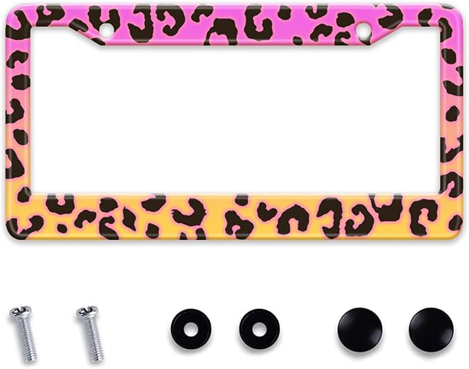 Gradient Color Leopard Print License Plate Frame Cheetah Print Tags Frames Holder Covers Metal Aluminum Rustproof Cute Car Accessories for Us Canada Standard Women Men 2 Holes with Screw Caps