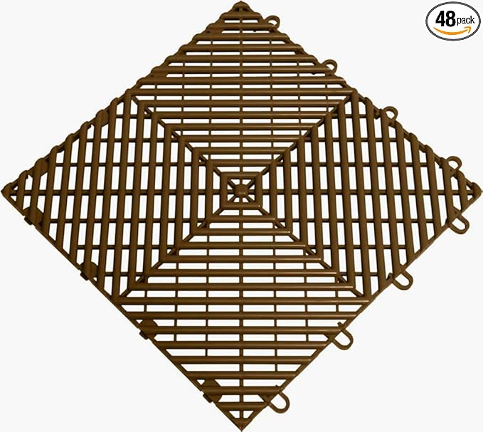 Big Floors RaceDeck Free-Flow Open Rib Self-Draining Design, Durable Copolymer Plastic Interlocking Modular Garage Flooring Tile (Espresso, 48 Pack of 12 x 12" Tiles)