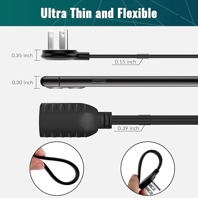 Elecan Flat Plug Extension Cord 6 Ft 2 Pack with Slim Space-Saving Plug Design, Thin Flat Cable Low Profile Power Cord 3 Prong Grounded Wire, 16 Gauge 13 A/125 V-Black-ETL Certified