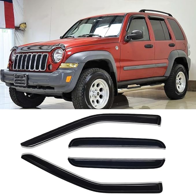 94428 Side Window Wind Vent Deflector,4pcs Outside Mount Style Nice Sun Rain Guards Set,Dark Smoke Tint Window Visor fit for 2002-2007 Jeep Liberty