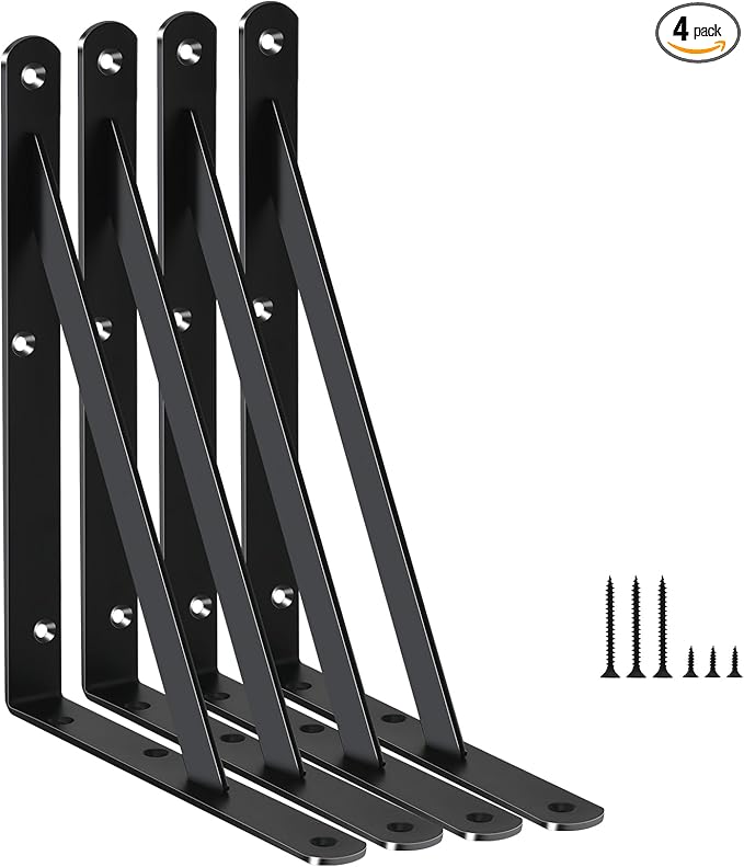 4 Pack L8 x H 6" Black Heavy Duty Shelf Brackets with Screws Metal Shelf Brackets Shelf Support Angle Brackets for Shelves L Brackets Heavy Duty Floating Shelf