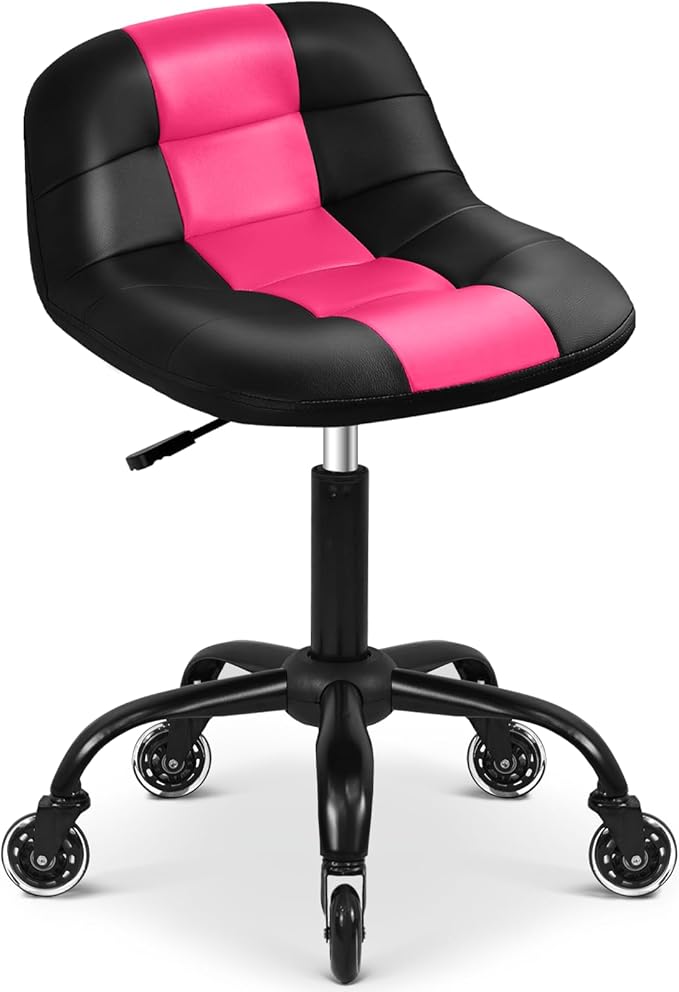 Rolling Stool with Wheels, Garage Shop Stool with Backrest, Roller Seat with Pneumatic Adjustable Height 16.93"-19.69", Heavy Duty Multi-Purpose Chair for Shop Salon Office Home, Pink