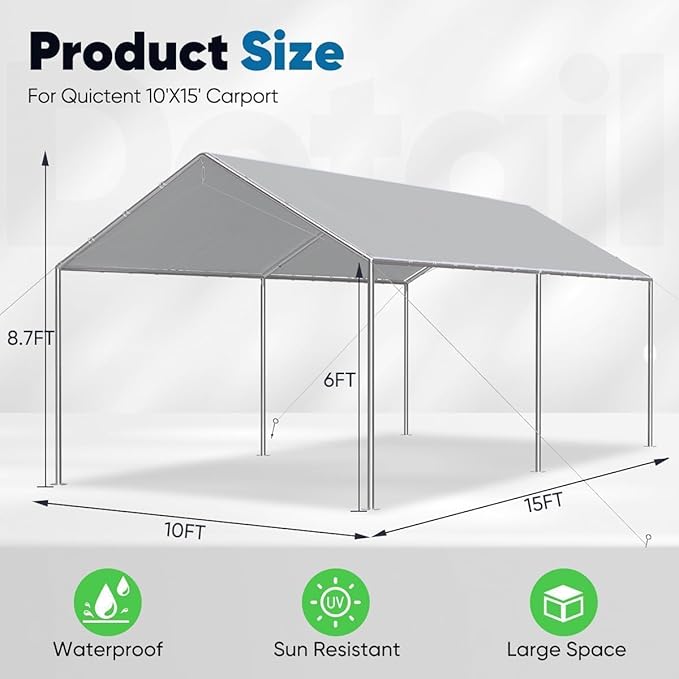 Quictent 10x15 ft Heavy Duty Car Canopy Galvanized Frame Carport Outdoor Party Tent Boat Shelter with 3 Reinforced Steel Cables - Grey