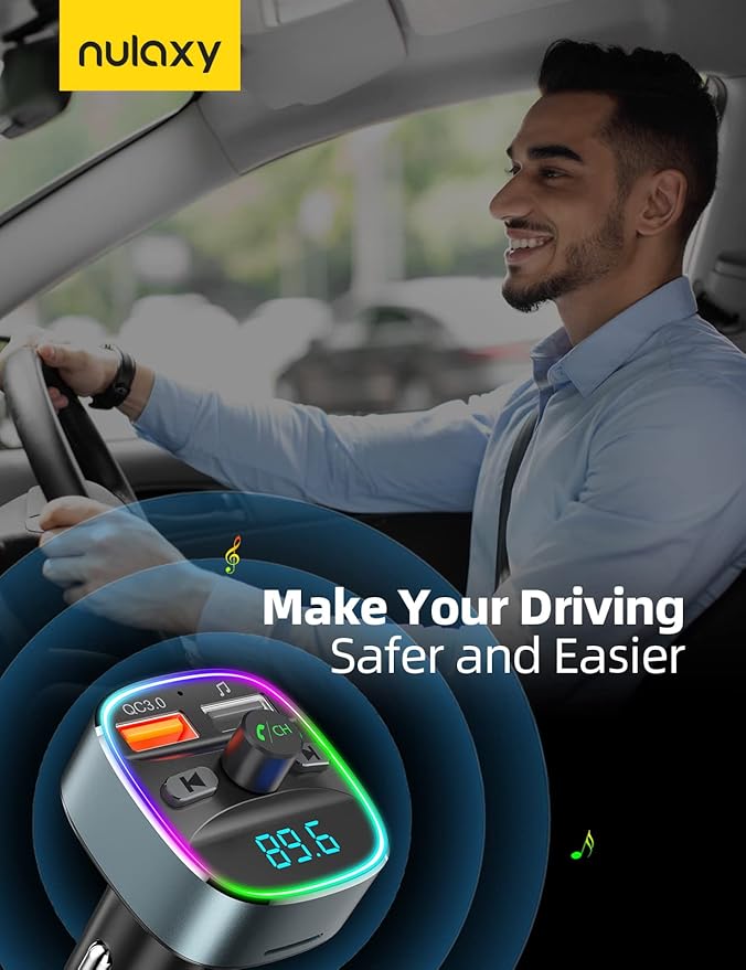 Nulaxy Bluetooth FM Transmitter for Car,Bluetooth Car Adapter with Dual USB Charging Car Charger MP3 Player Support TF Card & USB Disk,Hands-Free Calling,7 Colors Led Backlit Light-Gray