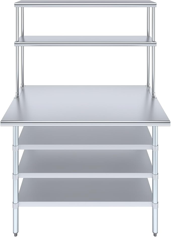 Amgood 30" x 48" Stainless Steel Work Table with 3 Shelves and 12" Wide Double Tier Overshelf | Metal Kitchen Prep Table & Shelving Combo | NSF