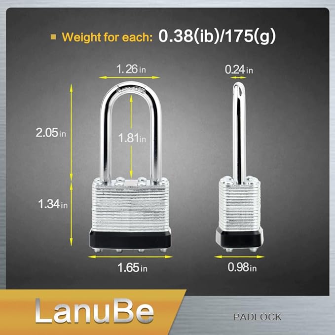 LanuBe Lock Laminated keyed Padlock (1-9/16", 40mm), keyed Alike Locks, Long Shackle,Marked Black Plastic Hoop, Pack of 48