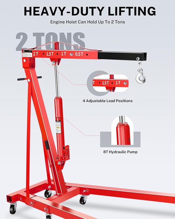 2-Ton Folding Engine Hoist, Hydraulic Shop Crane with 6 Swivel Wheels & Adjustable Boom (0.5T-2T), Heavy-Duty Cherry Picker for Garage, Workshop, Truck, Farm (Net Wt. 157 lbs)