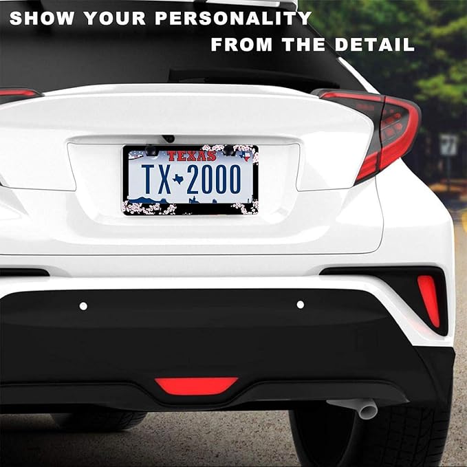 Cherry Blossom License Plate Frame-2 PCS Cherry Floral Flowers License Plate Holder Cover Car Universal Accessories Aluminum Car Tag Frames Fits Standard US Vehicles Size