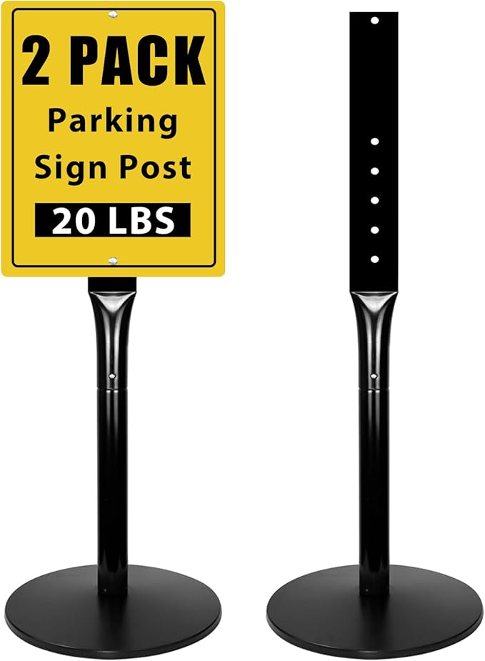 Parking Sign Stand with Base - 20 Lbs Cast Iron Parking Sign Post for Hanging Traffic Construction Street Warning Notice, Movable Black Heavy Duty Base Stand for Outdoor Use, 2 Pack