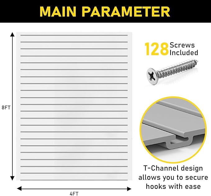 Slatwall Panel Garage Wall Organizer: Heavy Duty Wall Mounted PVC Wall Rack, Interlocking Slat Wall Paneling for Garage Wall Storage, Slatwall Board, Slatwall Shelves System -Black (8’H x 4’W)