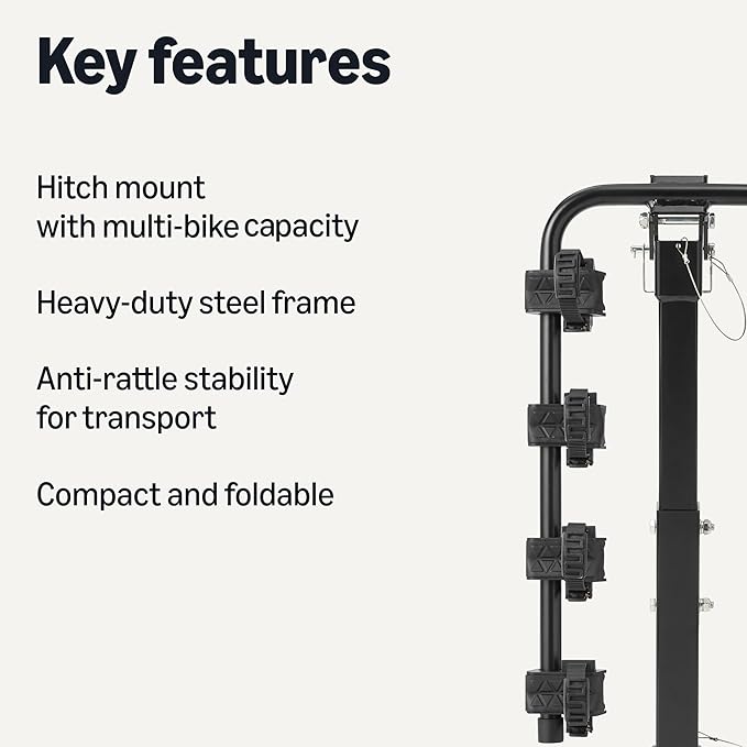 Amazon Basics 4-Bike Hitch Rack with 2" Hitch for Car, SUV and Truck, Foldable Steel Frame with Anti-Rattle Design