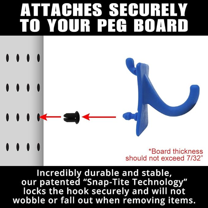 PegPro® J Hooks Kit for Standard “Wood Fiber” pegboard – Durable Plastic Pegboard Hooks - for Garage, Kitchen, Craft Room, and More (J Hook - 24 Pack, Blue)