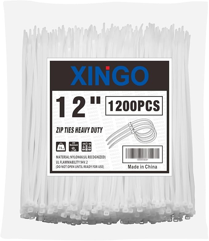 XINGO 12 Inch White Zip Ties(1200 Pack), 75 LBS Ultra Strong Tensile Strength, UV Resistant Cable Ties, Self-locking Plastic Ties for Indoor and Outdoor Use