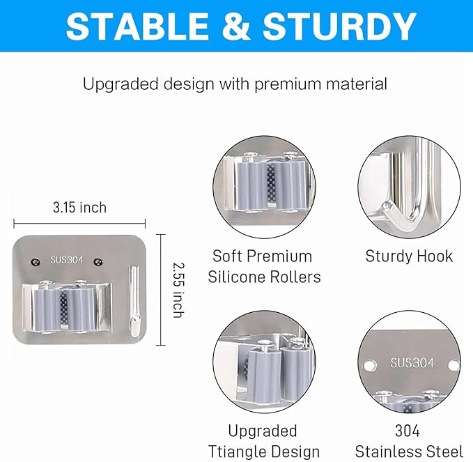5 Pack Broom Holder Heavy Duty Stainless Steel Broom Hanger with Hooks Screw Drilling Rust Resistant Mop and Broom Holder Wall Mount for Bathroom Kitchen Laundry Room Garage - Silver