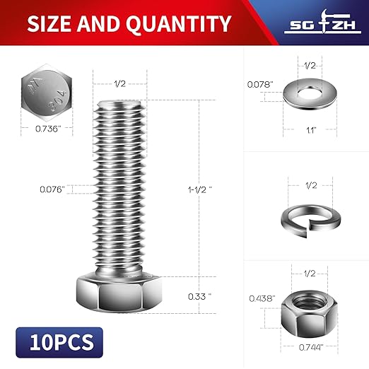 1/2-13 x 1-1/2" Hex Head Screw Bolt, Nuts, Flat & Lock Washers, 10Pcs 18-8 (304) Stainless Steel, Fully Threaded, by SG TZH