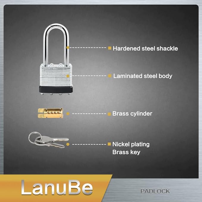 LanuBe Lock Laminated keyed Padlock (1-9/16", 40mm), keyed Alike Locks, Long Shackle,Marked Black Plastic Hoop, Pack of 48
