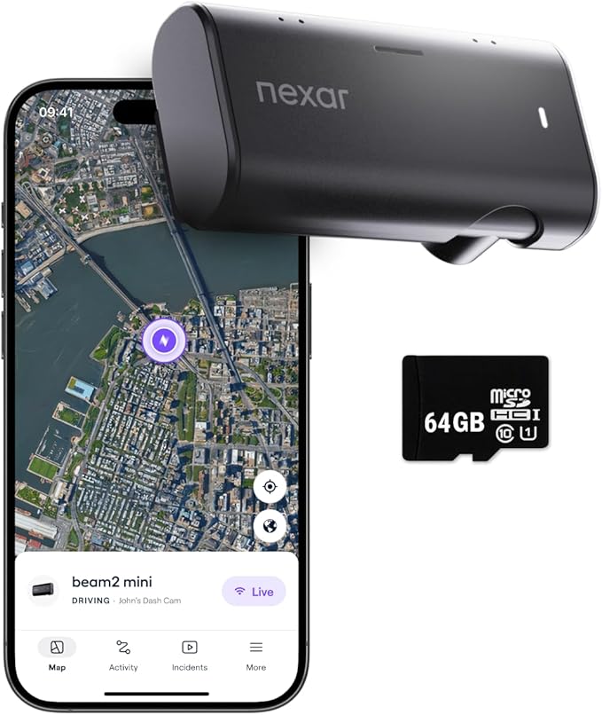 Nexar Beam2 Mini Dash Cam Car Camera 64GB Storage 24H Parking Mode Wide Angle FHD Lens Wireless Dash Camera for Cars Includes $25 OBD Hardwire Kit for Continuous Power